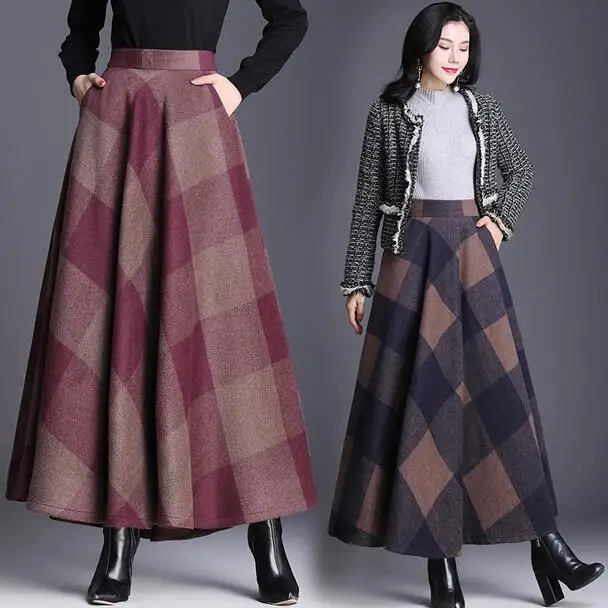 Клетчатая юбка Женская длинная трапециевидная британский стиль шерстяная Макси