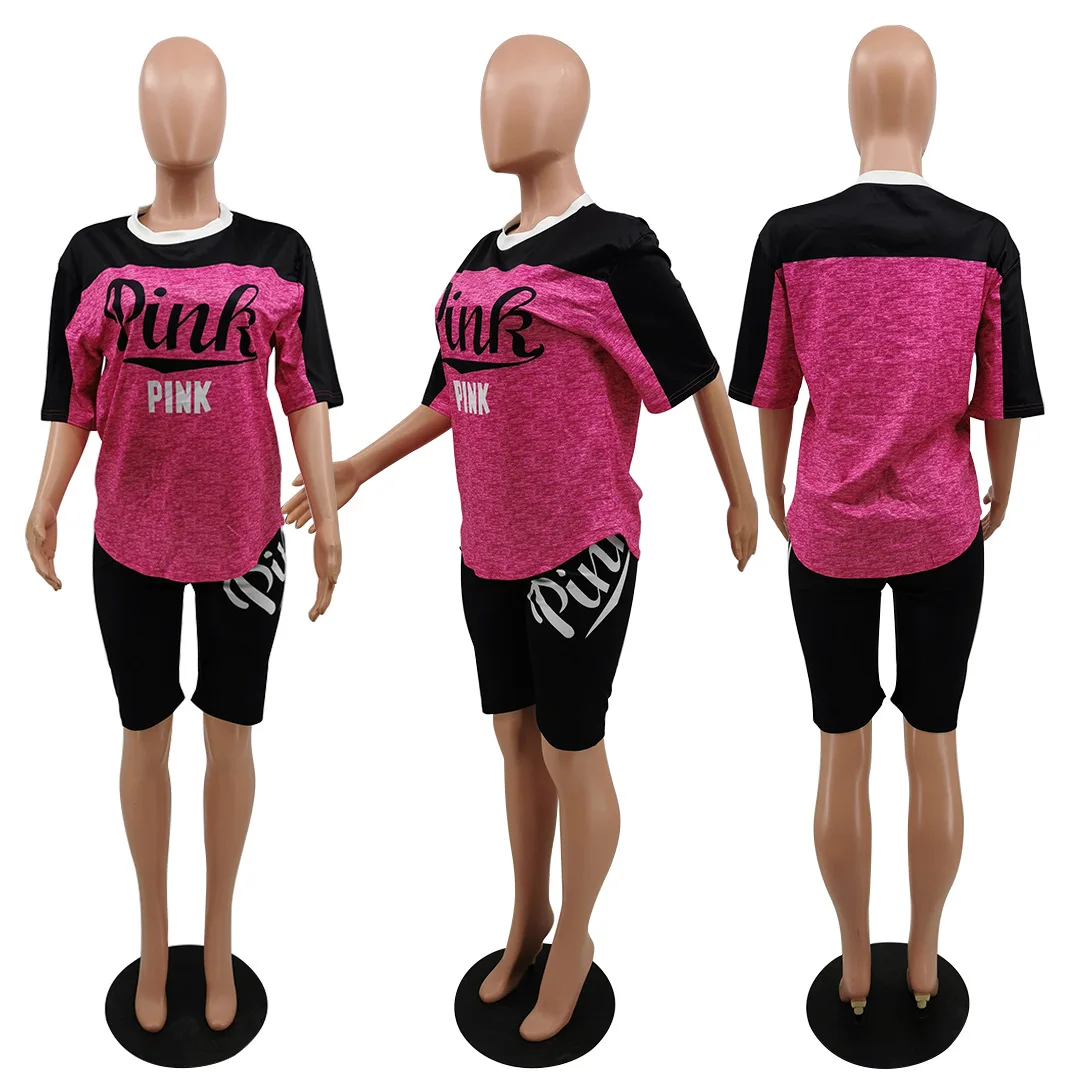 

HAOOHU Letter Print Two Piece Set Summer Short Sleeve Pullover Top Elastic Waist Pants Joggers Women Set Tracksuit