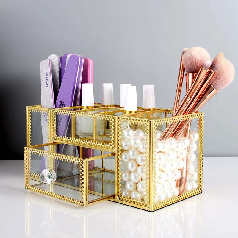 Стеклянный органайзер для макияжа косметики в ванной комнате с золотистыми
