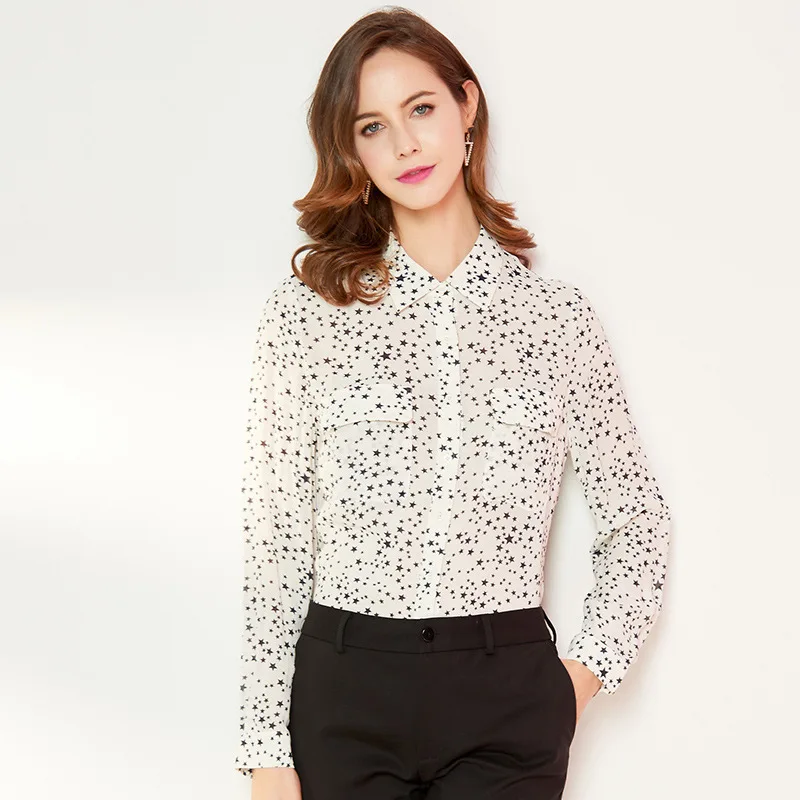 women tops and blouses white silk black star floral high quality OL 2020 summer office shirts long sleeve casual sexy plus size