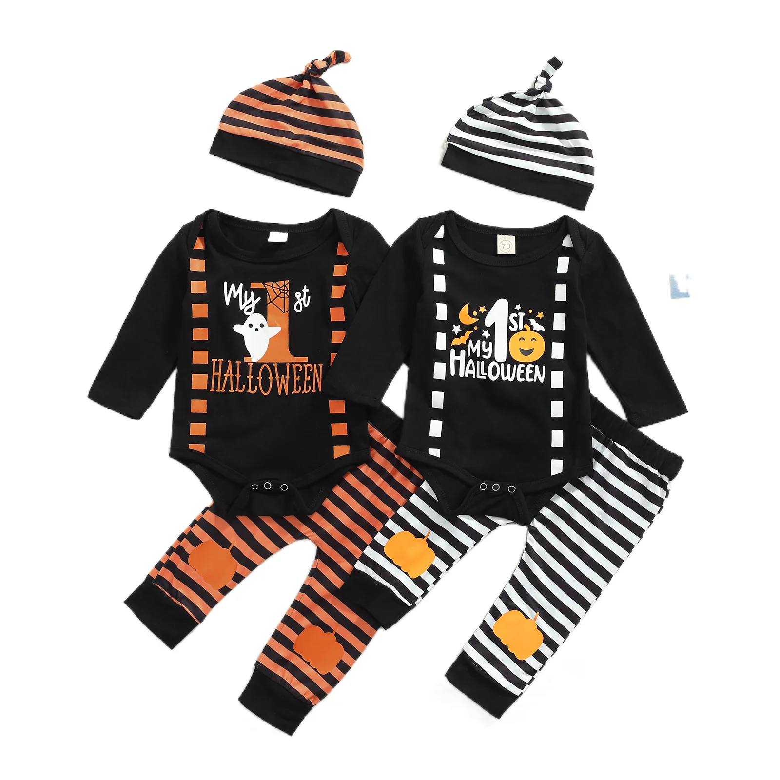 

3 шт. наряды на Хэллоуин для маленьких мальчиков с длинным рукавом мой первый ранний верх + брюки в полоску с тыквой + шапка детская одежда
