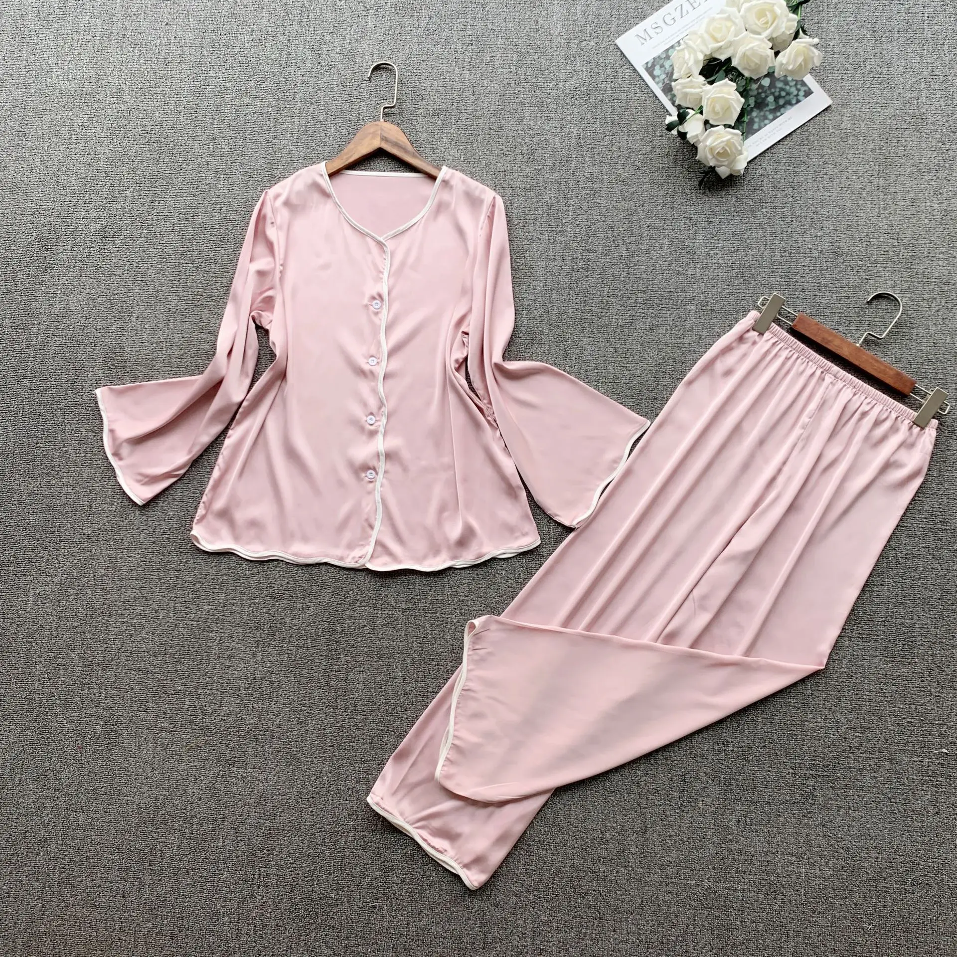

2 Pieces Satin Pajamas Spring Summer Woman Pajamas Set Pink Long Sleeve Sleepwear Women's Home Clothes