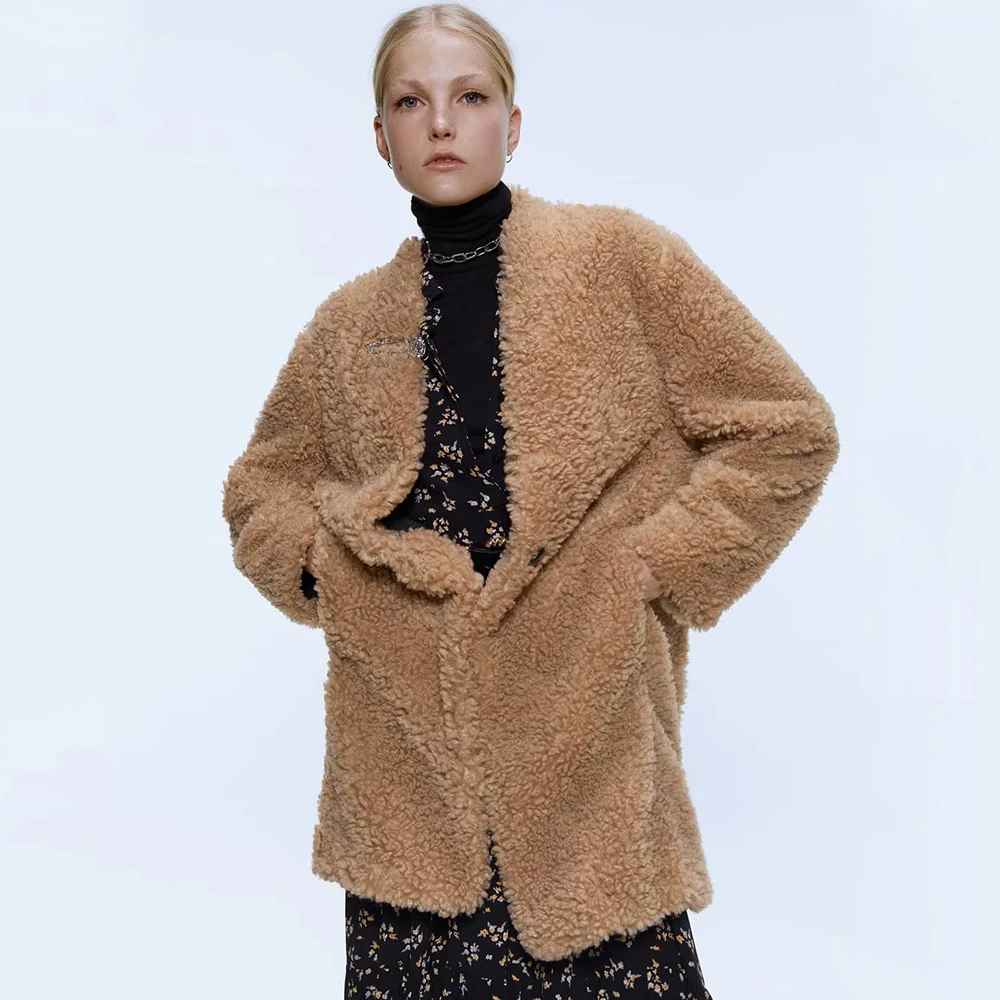 Женское флисовое пальто ZA свободная однобортная Повседневная теплая куртка с