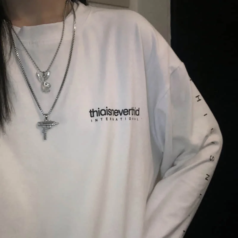 

Autumn letter Vintage streetwear fake two Gothic hip hop Harajuku female Ulzzang tops casual O-neck punk bf tees cotton