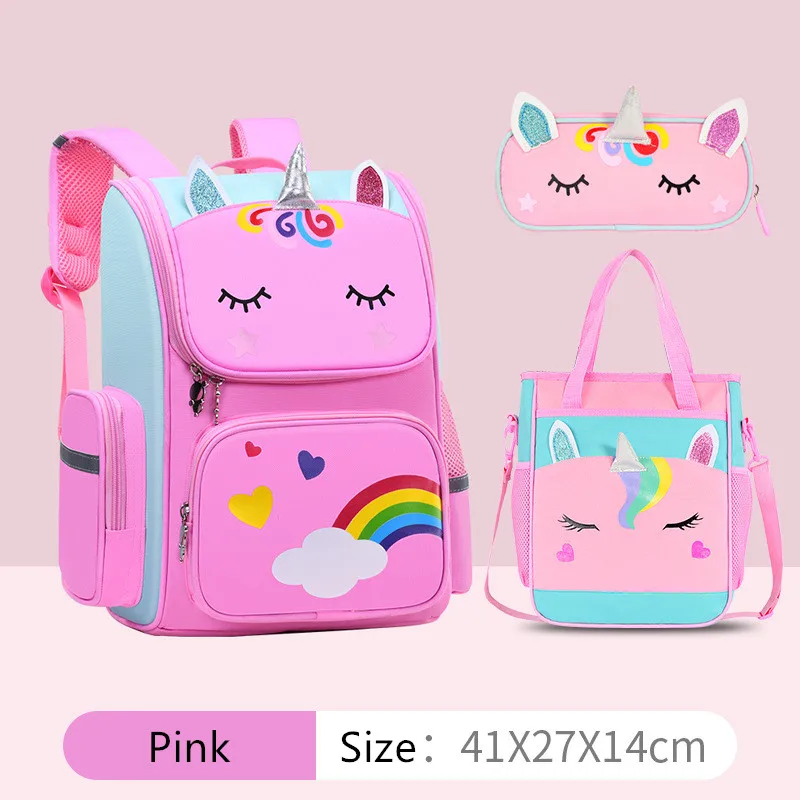 Fengdong cute 3D cartoon school backpack set elementary school bags for girls rainbow love heart children pen pencil handbag set