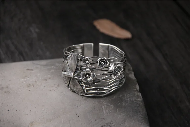 925 sterling silver Bracelet Bangle Women Retro Butterfly Wide Version Open Bracelets Bangles Women Jewelry Fine