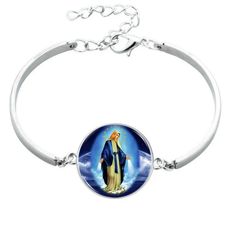 

Virgin Mary Glass Cabochon Pendant Necklace Stud Earrings Bracelet Bangle Set Totally 4 Pcs Jewelry Set for Women's Fashion