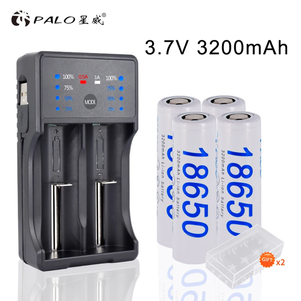 4 шт. литий-ионных аккумулятора PALO 18650 3 7 в 3200 мАч + зарядное устройство USB для AA / AAA