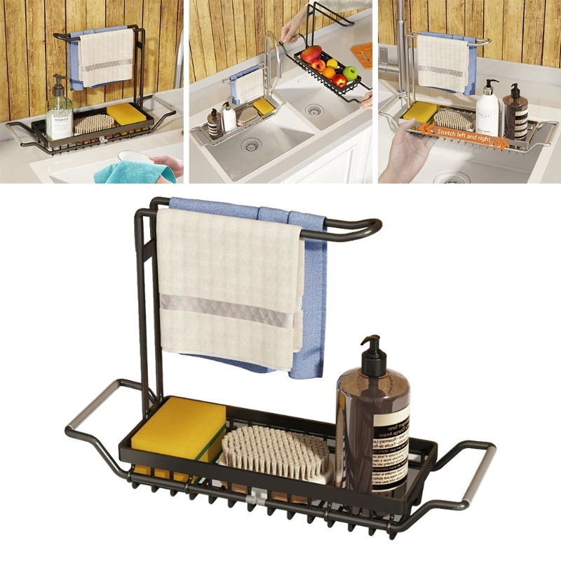 

Telescopic Sink Organizer Stainless Steel Rack Dish Drying Drain Basket Sponge Soap Towel Holder Kitchen Accessories