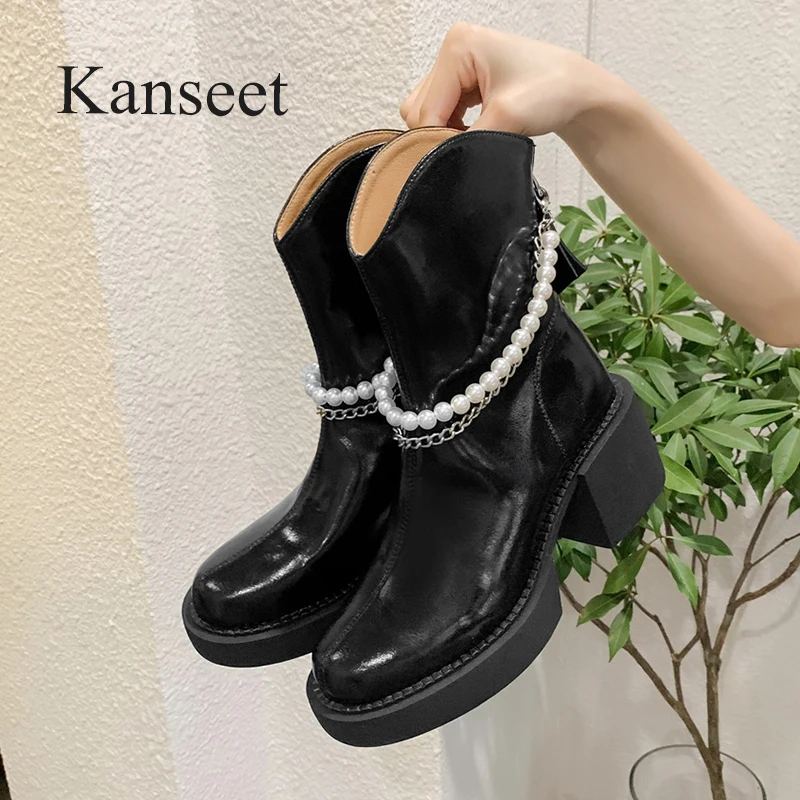 

Kanseet Mid-Calf Boots Women 2021 Autumn New Round Toe Pearls Chain Decoration Zip Handmade Thick High Heels Brown Large Size 41