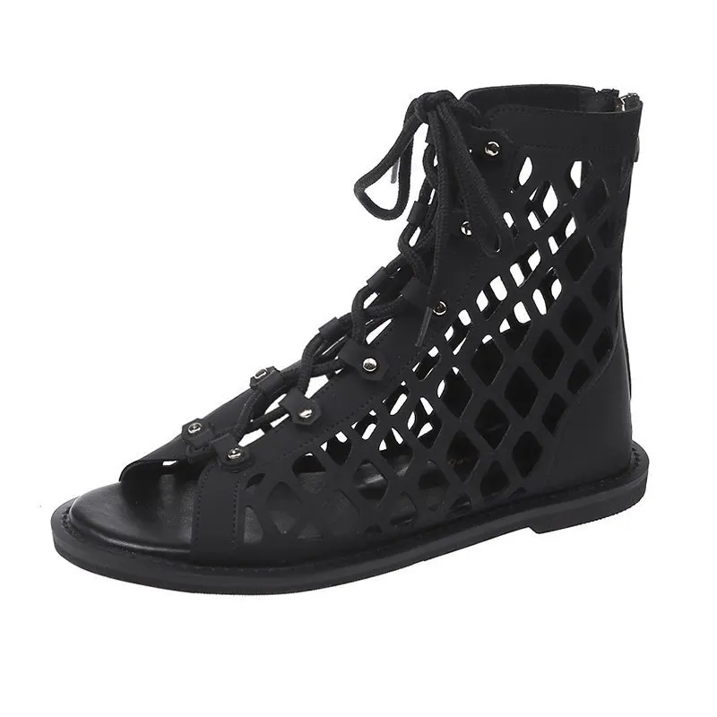 

European station hollow short boots women's flat heel 2021 summer new lace-up bag with hole female cool boots