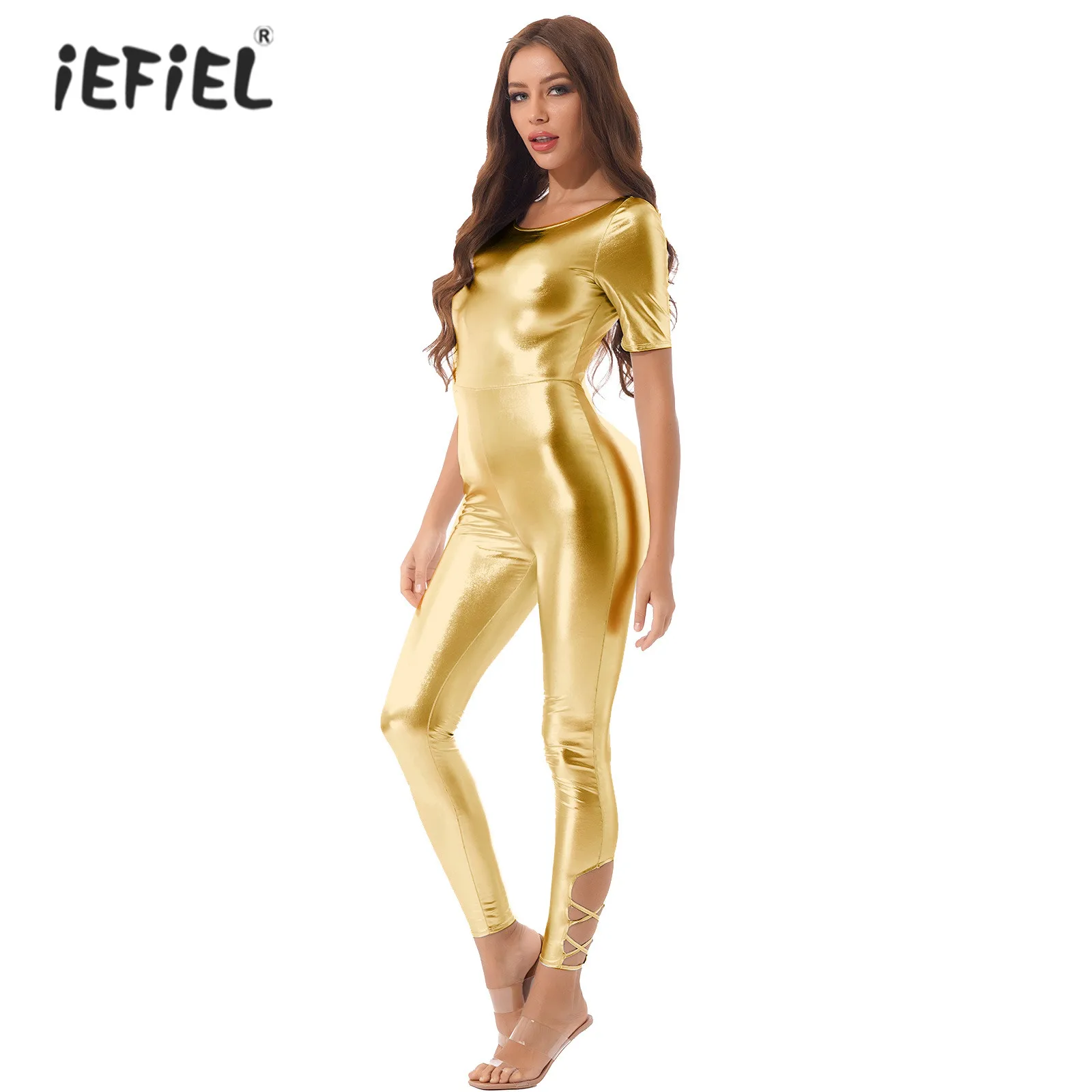 

Womens Pole Dance Rave Party Outfits Shiny Metallic Leotard Short Sleeve Back Crisscross Catsuit Glossy Round Neck Cutout Romper