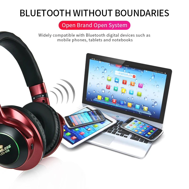 

LED Light Wireless Bluetooth Headphones 3D Stereo Sound Headsets music Gaming Earbuds Support TF Card FM Mode Audio With Mic