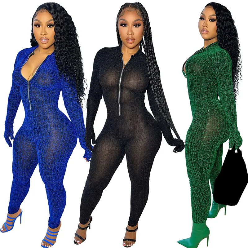 

Женский Облегающий комбинезон WUHE, Шелковый сетчатый комбинезон с блестками и перчатками, на молнии, с длинным рукавом, осенне-зимняя одежда