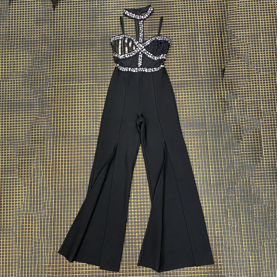 Женский бандажный комбинезон с бусинами открытой спиной и разрезом вечерние