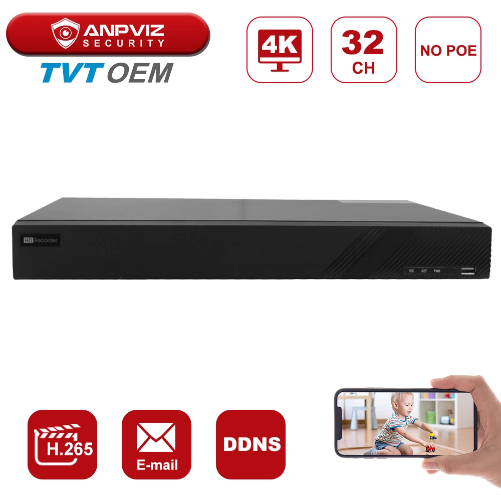Anpviz NVR 32CH H.265 TVT OEM No POE выход 4K 8MP Запись в реальном времени P2P Onvif 25/30fps сигнализация
