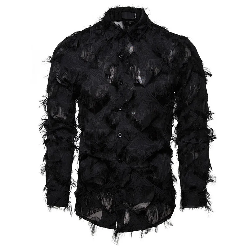 

Fake Feather Shirt Men 2020 Brand New Stage Party Prom Performance Mens Dress Shirts Long Sleeve Sexy Clubwear Chemise Homme