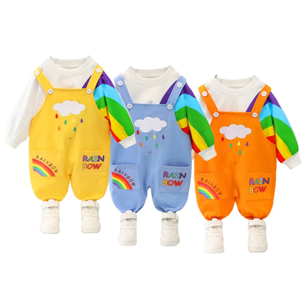 

Baby Boy Clothing Sets Kids Rainbow Print Tops+Overalls Pants 2pcs Suit 2021 Spring Autumn Young Children's Korean Style Clothes