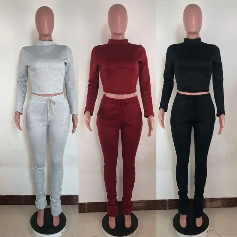 

Hot Selling Long Full Sleeve Crop Top Stacked Pants Women Fashion Clothing Two Piece Tracksuit Set 2 Piece Jogger Set Women