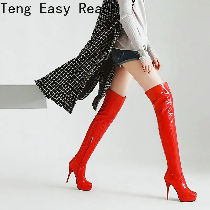 

Patent PU Leather Women Over The Knee Boots Fashion Platform Thin Heel Women Long Boots Side Zipper Women Winter Boots Big Size