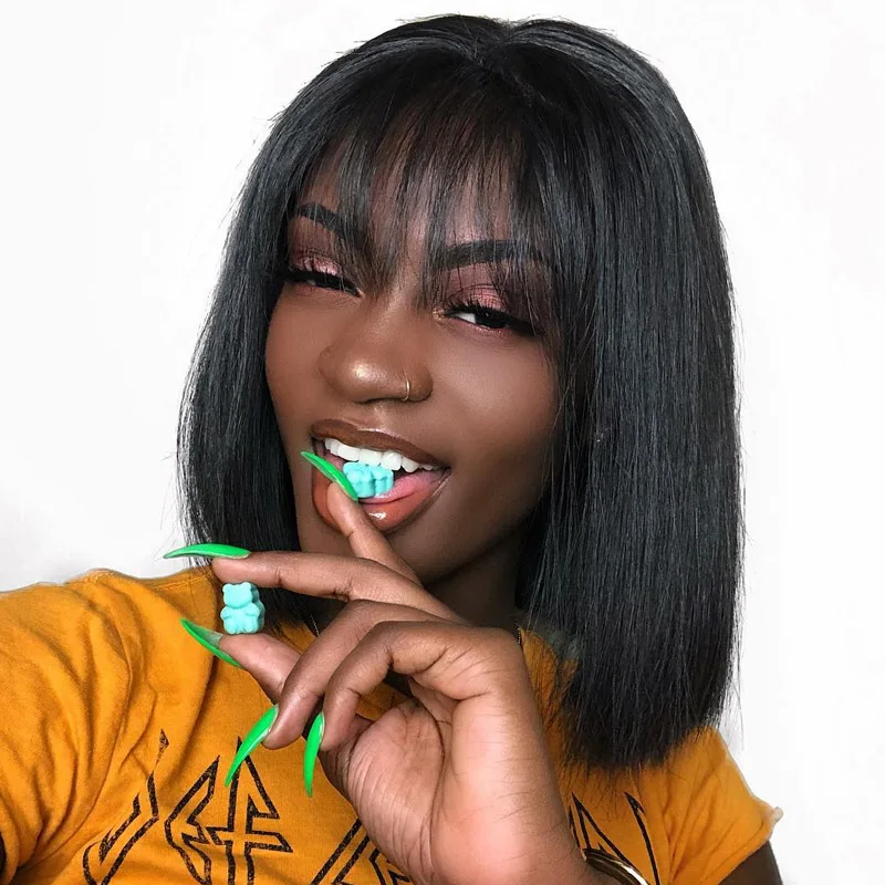 Качающийся лес Боб парики на кружеве с челкой перуанские человеческие волосы для