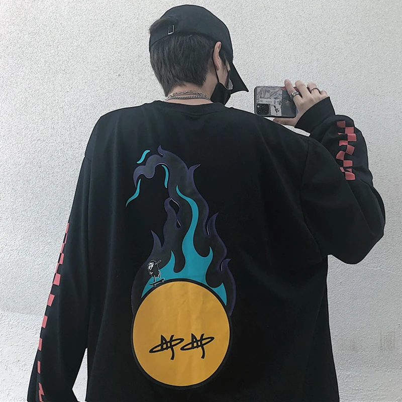 

Harajuku Plaid Hoodie Female 2020 Autumn Hoodies Women Cartoon Flame Print Hoodie Cotton Loose Round Neck Long Sleeve Pullover