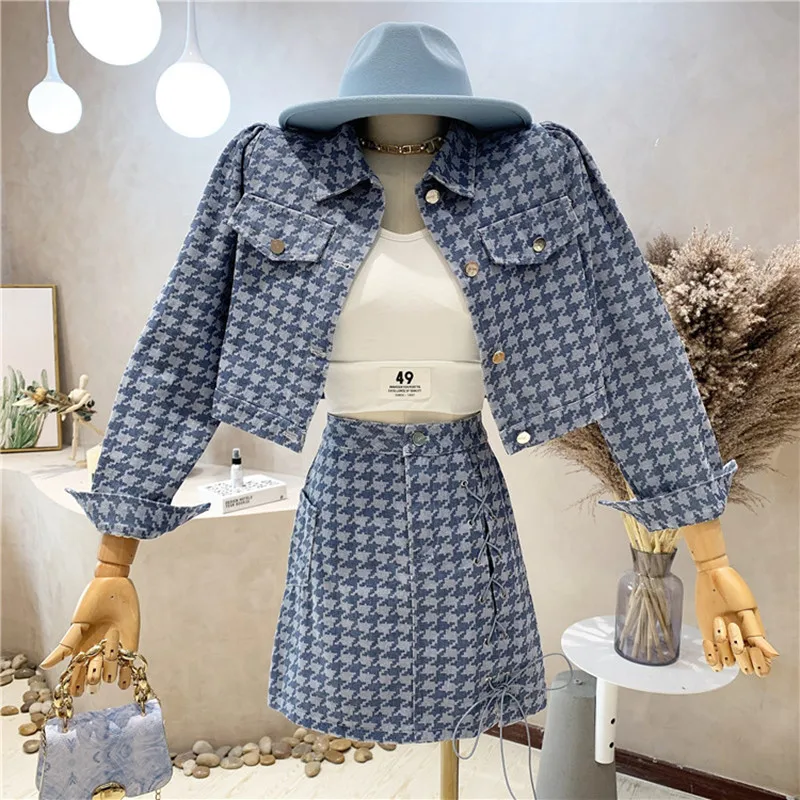 

Осенний модный Джинсовый комплект из двух предметов, новинка 2021, женская одежда, укороченный жакет «гусиные лапки», пальто, трапециевидная ...