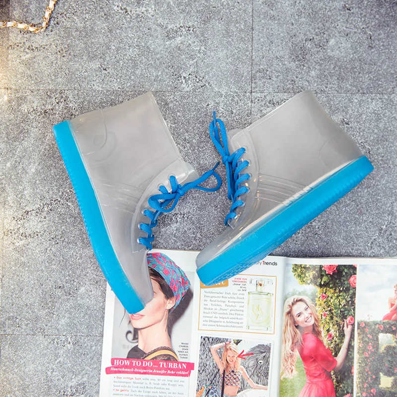 

10 Colors Rain Boots Women Ankle Rubber boot Non-slip Lace-up Waterproof Transparent Candy Color Soles Outdoor Girl Shoes