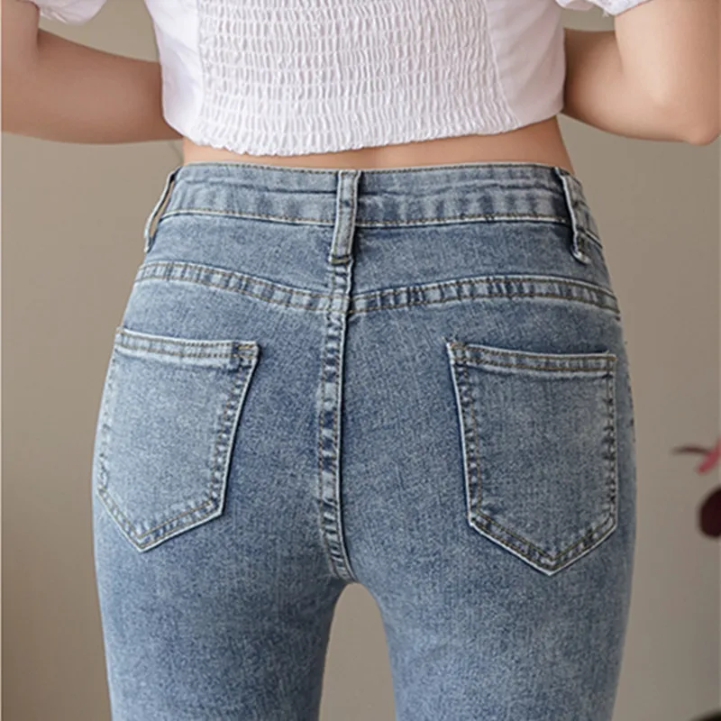 2019 женские джинсы с высокой талией весенние тонкие бисером и бриллиантами |