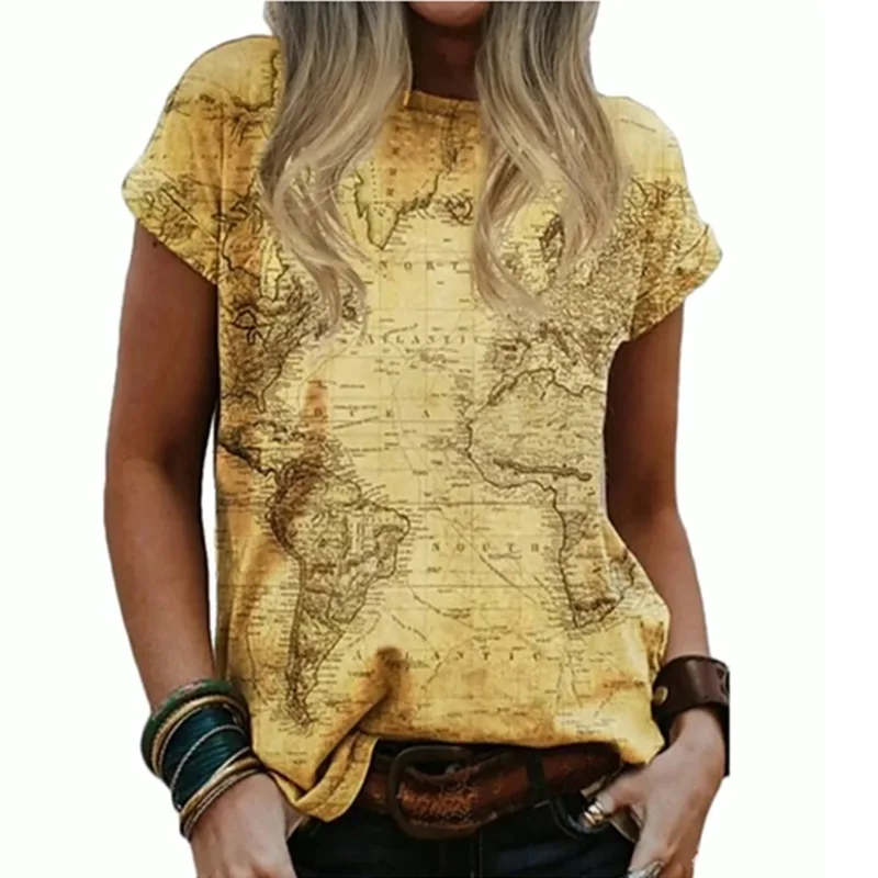 

Summer Retro Geometric Pattern T-shirt Round Neck Casual Simple Women's Tops Map Printing Short-sleeved Pullover T-shirt