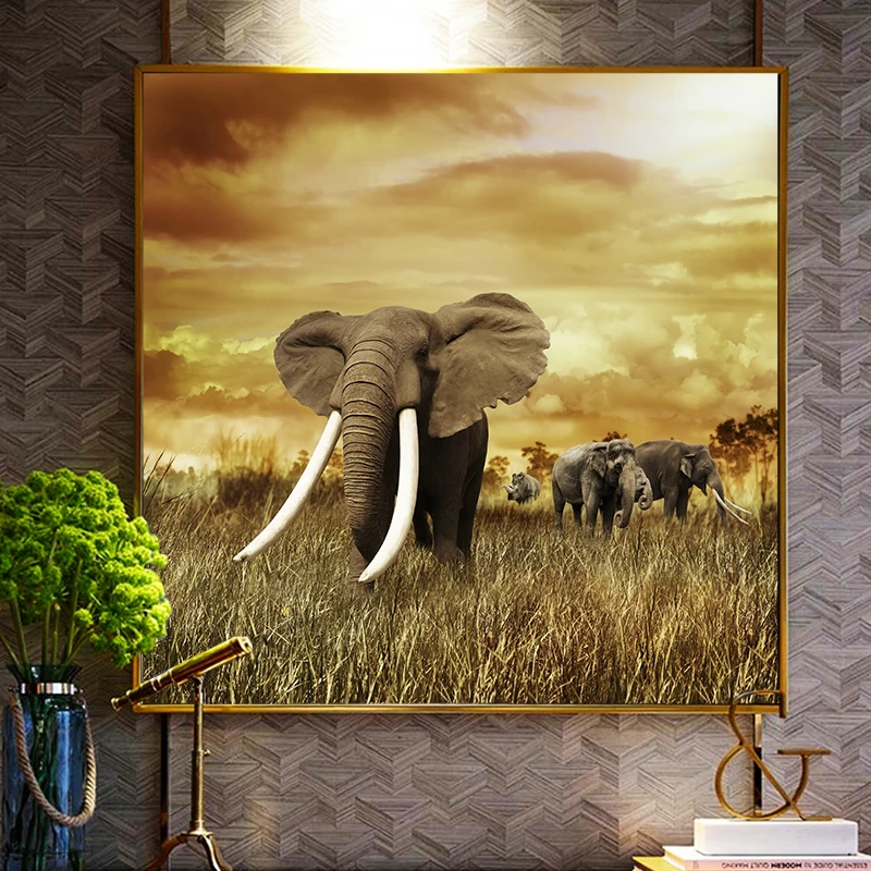 Steppe Dusk Elephant Group картина маслом на холсте плакаты и принты Cuadros настенные