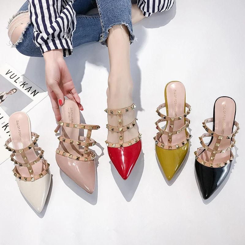 

Fashion Design Mules Shoes Women Heel Slippers Ladies Strap Rivet Slides Sexy Pointed Toe Summer Dress Slipper Mixed Colors