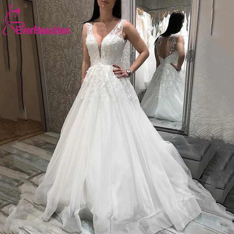 

Vestido De Noiva Wedding Dresses Long 2020 A-Line Wedding Gown Tulle Appliques Sexy Backless Bride Dress