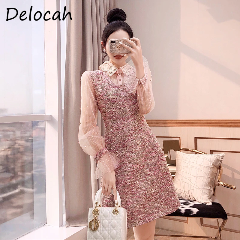 

Женское короткое вечерние нее платье Delocah, элегантное платье-трапеция с расклешенными рукавами и кружевом, расшитое бисером, на лето