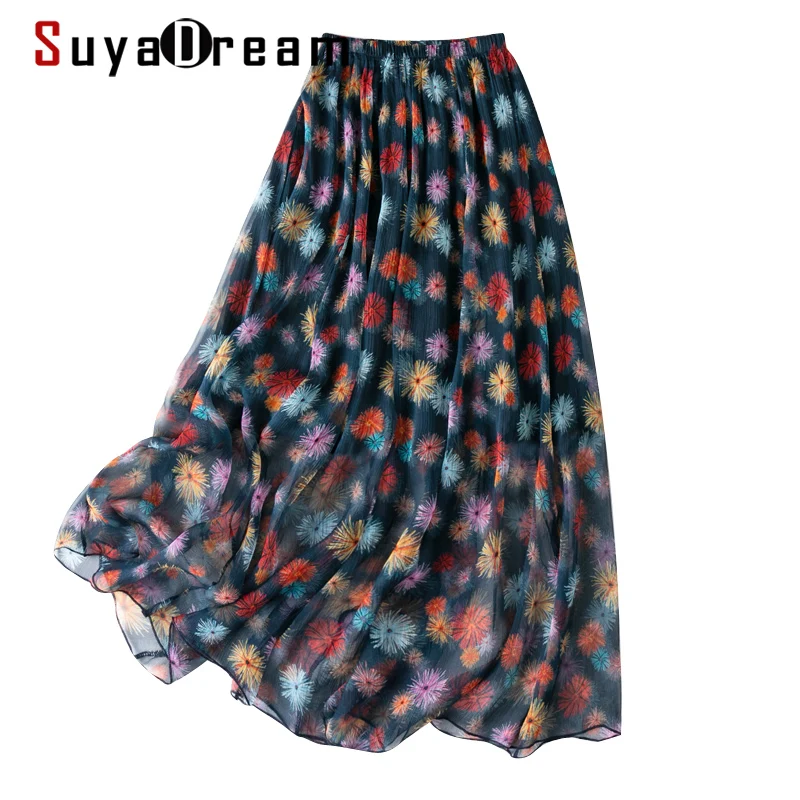 

SuyaDream A-Line Long Skirt Woman 2021 Spring Summer Beach Style Print Dark Blue Skirt