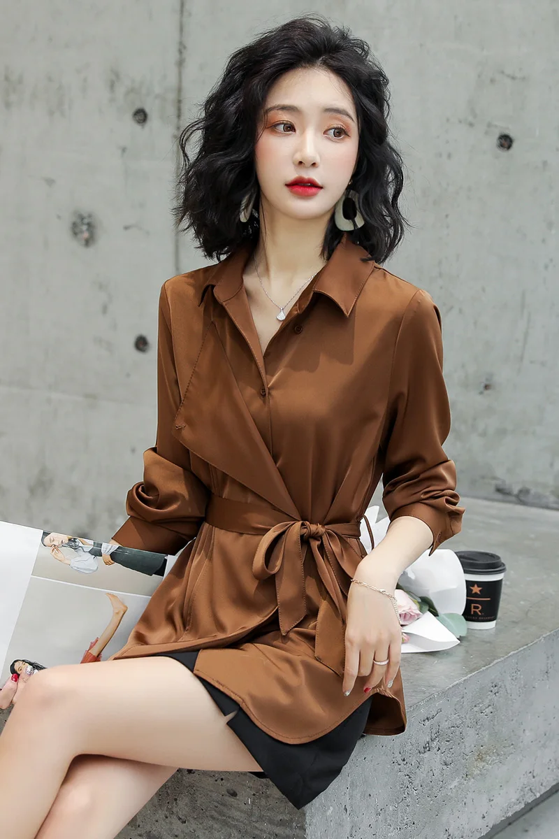 

2021 spring and summer fashion trend and comfortable mid-length solid color elegant long-sleeved shirt
