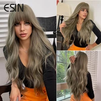 esin synthetic wigs long water wave with bangs olive grey for women cosplay party natural heat resistant