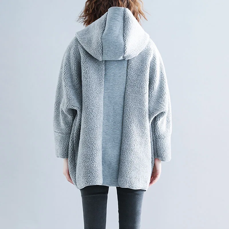 Большие размеры, винтажная куртка из овечьей шерсти, пальто для женщин, Осень-зима, новинка, длинный рукав, с капюшоном, женский свободный кардиган, куртки, пальто