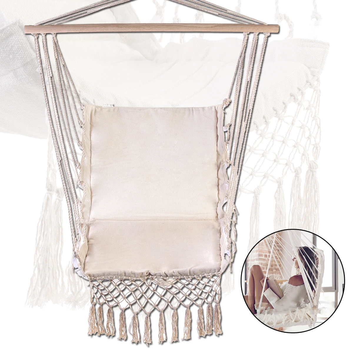 

Nordic Style White Hammock Outdoor Indoor Garden Dormitory Bedroom Hanging Chair For Child Adult Swinging Single Safety Hammock