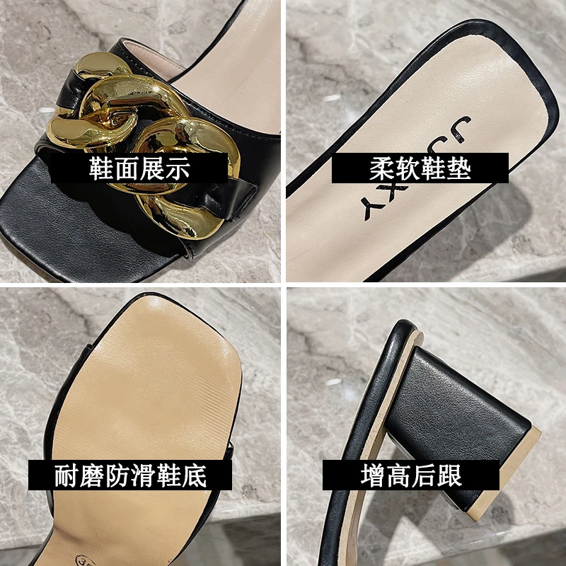 

Shoes Woman 2021 Slippers Heels Rivet Med Square heel Pantofle Luxury Slides High Soft Block Summer New Designer Metal Decoratio