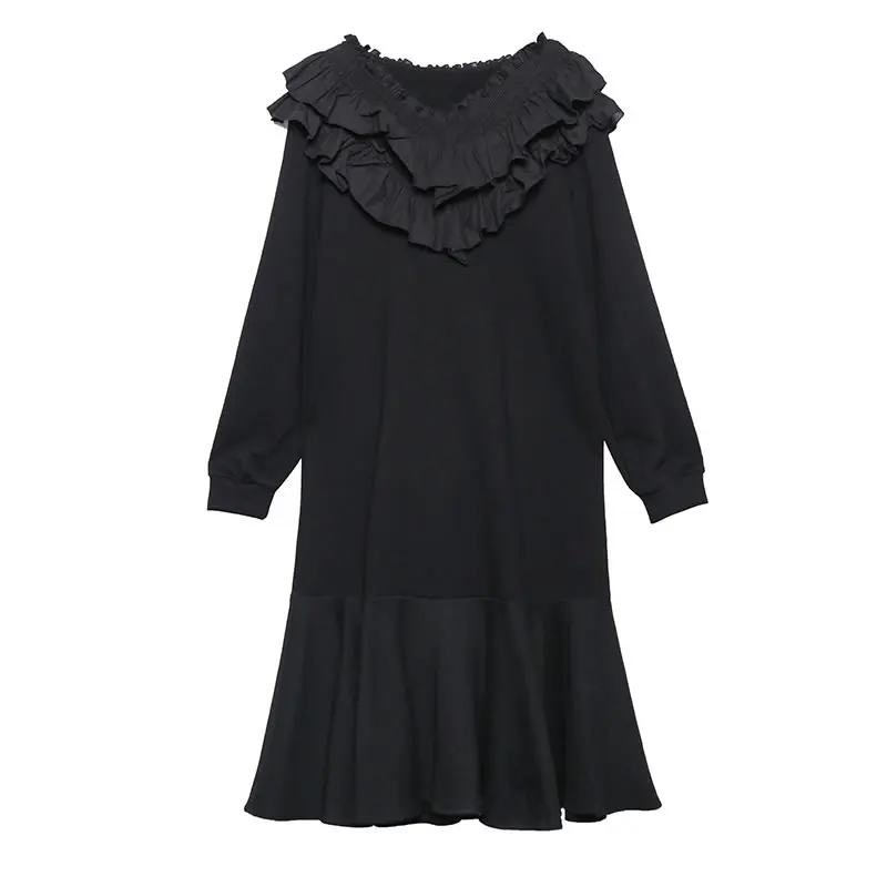 Черное платье с оборками XITAO женская мода новый пуловер длинным рукавом