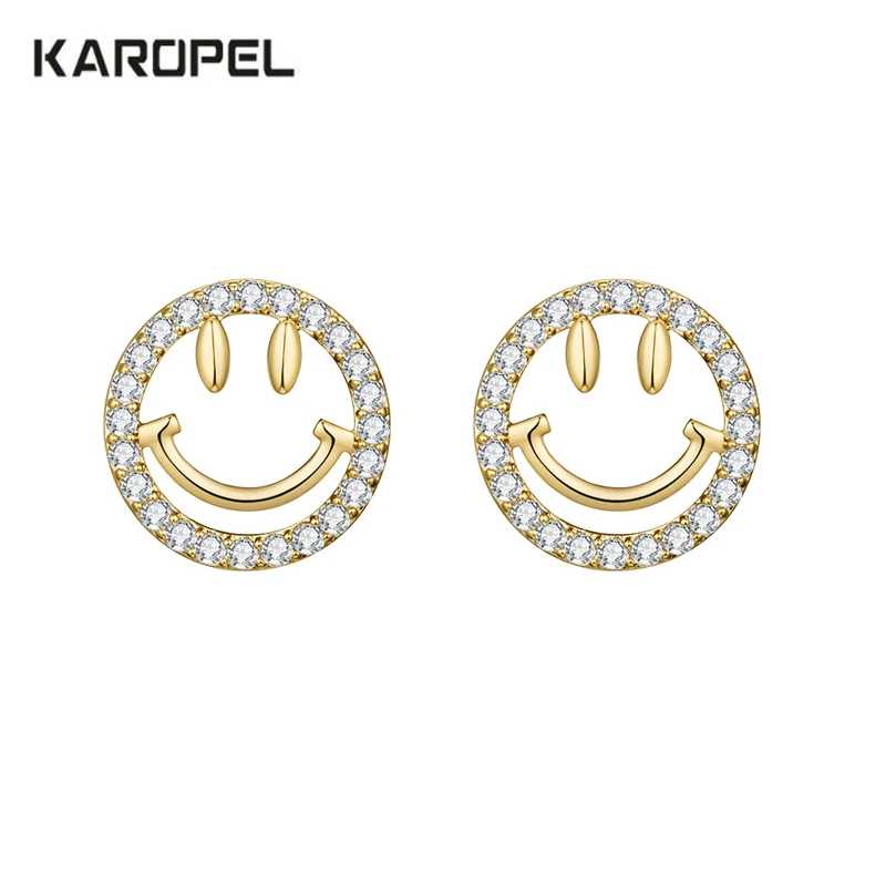 

2021 New Korean Cute Girl Woman CZ Earrings Smiley Face Zircon Stud Earrings Jewelry Accessories