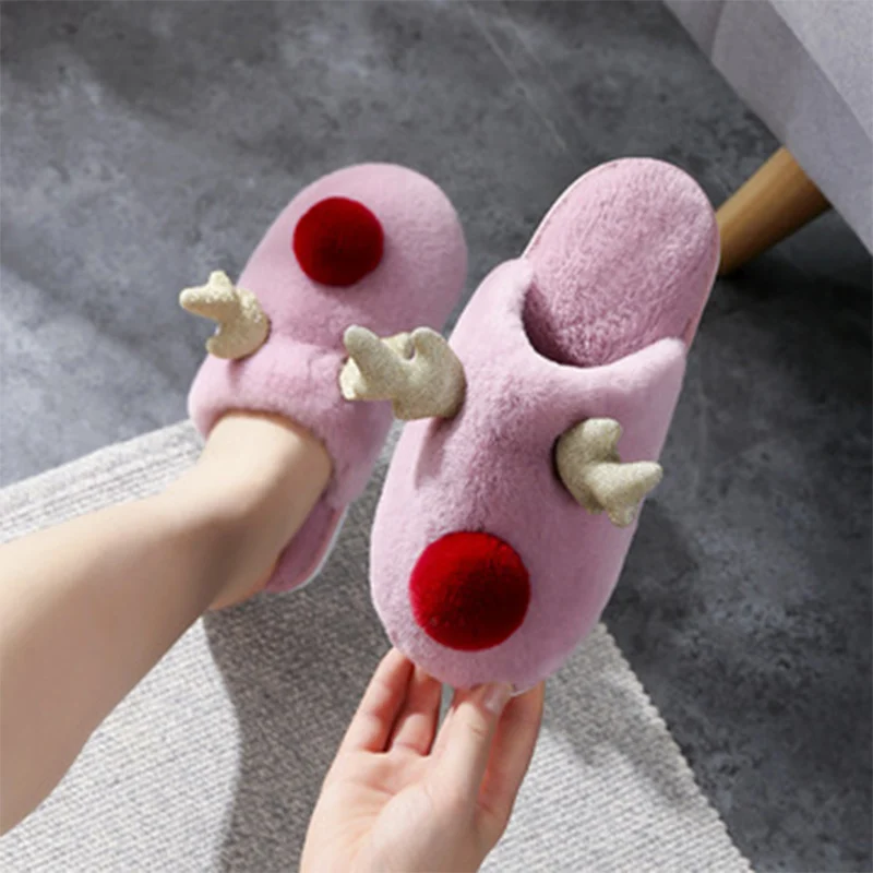 

Women's Flat Cotton Slippers Females Round Toe Slip On Moose Model Slides Ladies Indoor Keep Warm Casual Shoes Plus Size 36-45