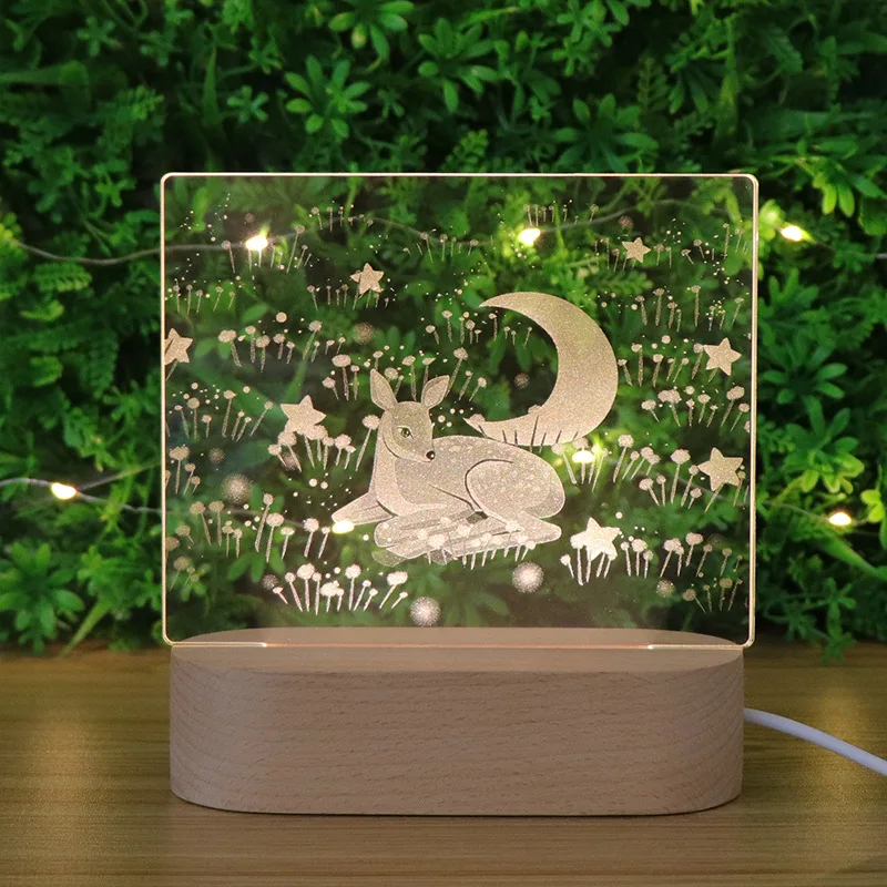 

Acrylic Inner Carving Deer Wooden Led 3D Night Light Creative Bedside Table Lamp for Kids Birthday Christmas Gfit