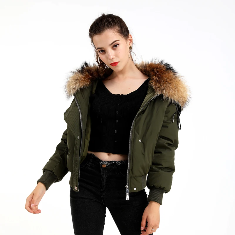 Женская парка с воротником из натурального меха енота Женский армейский зеленый