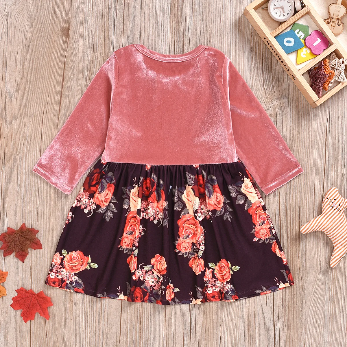 Вельветовое платье для девочек с длинным рукавом цветочным принтом | Детская