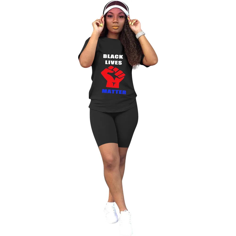

2020 Summer Women's Suit European and American Hot Style Solid-color Letter Black Lives Matter Print Biker Shorts Two Piece Set
