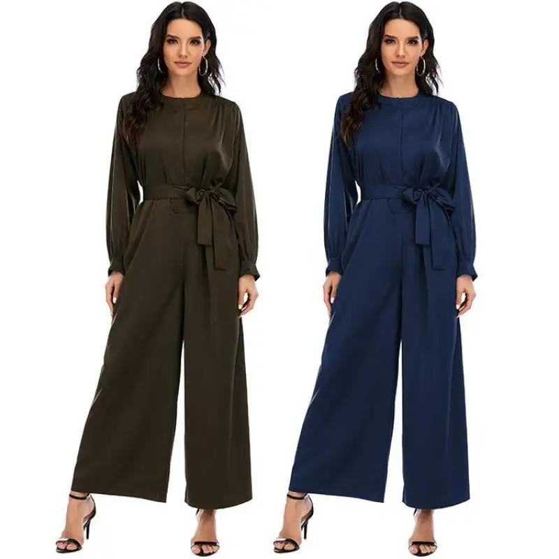 

Middle East Dubai Islamic Fashion Jumpsuit Solid Color Waist Jumpsuit Temperament Wide Leg Pants Muslim Casual Women's Wear