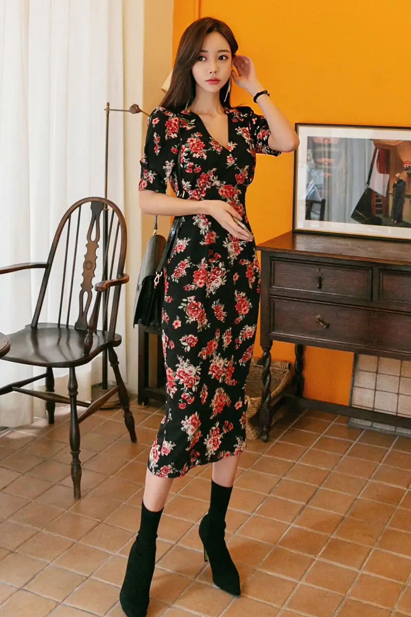 

Fashion Elastic Waist Dress Women New Bohemian Beach Elegant Slim Print Floral V-Neck Dresses Female Half Sleeve Pencil Dress