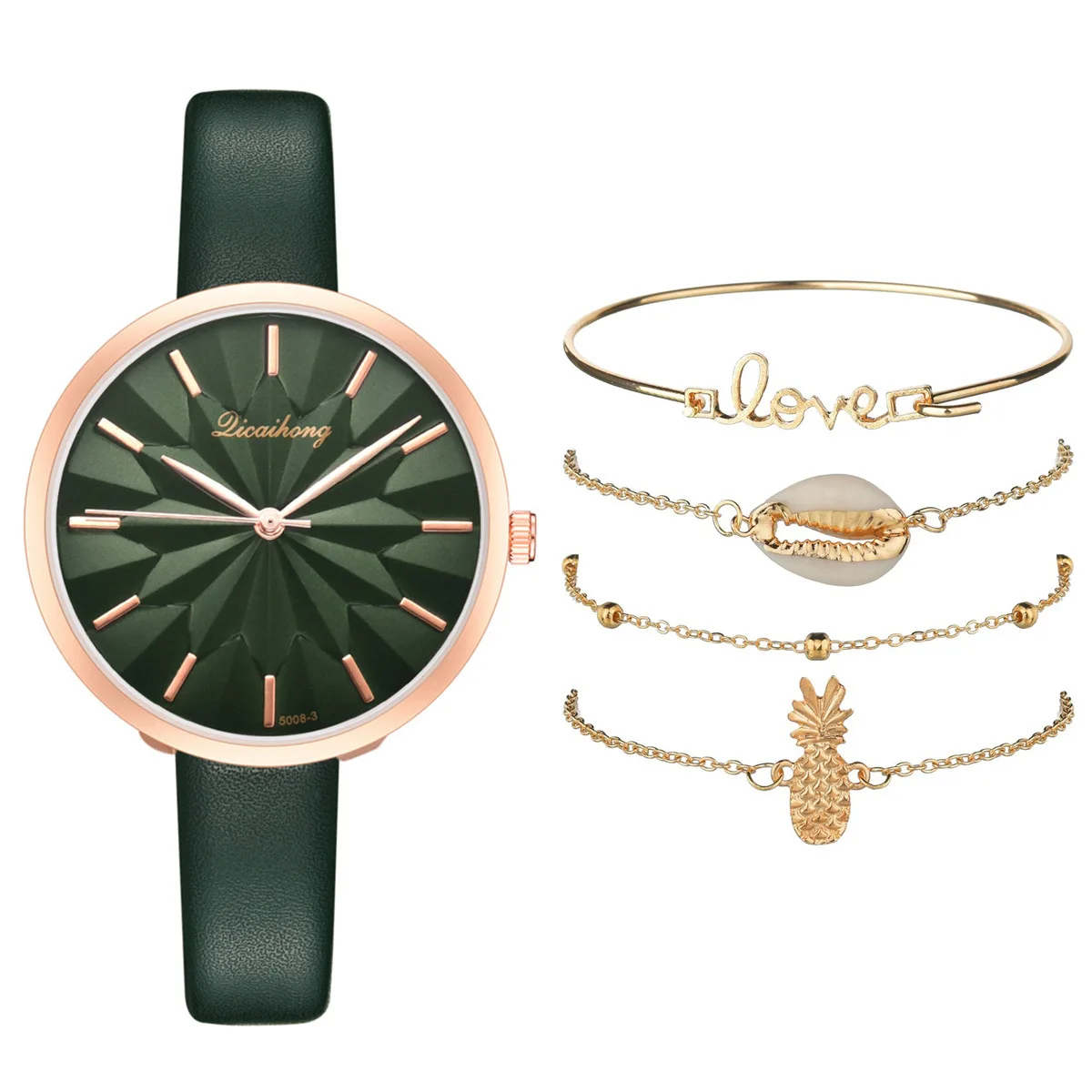 

XSVO Ladies Fashion Trend Personality Dial Belt Quartz Watch + Bracelet Set Simple Casual Dress Women Wristwatch Gift